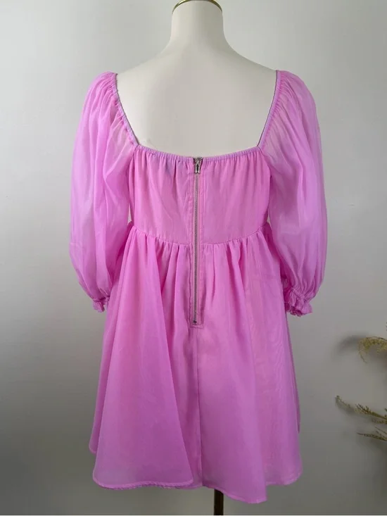FORE Pink Puff Sleeve Mini Dress Women's Size Medium Square Neck Cottagecore - Picture 4 of 10
